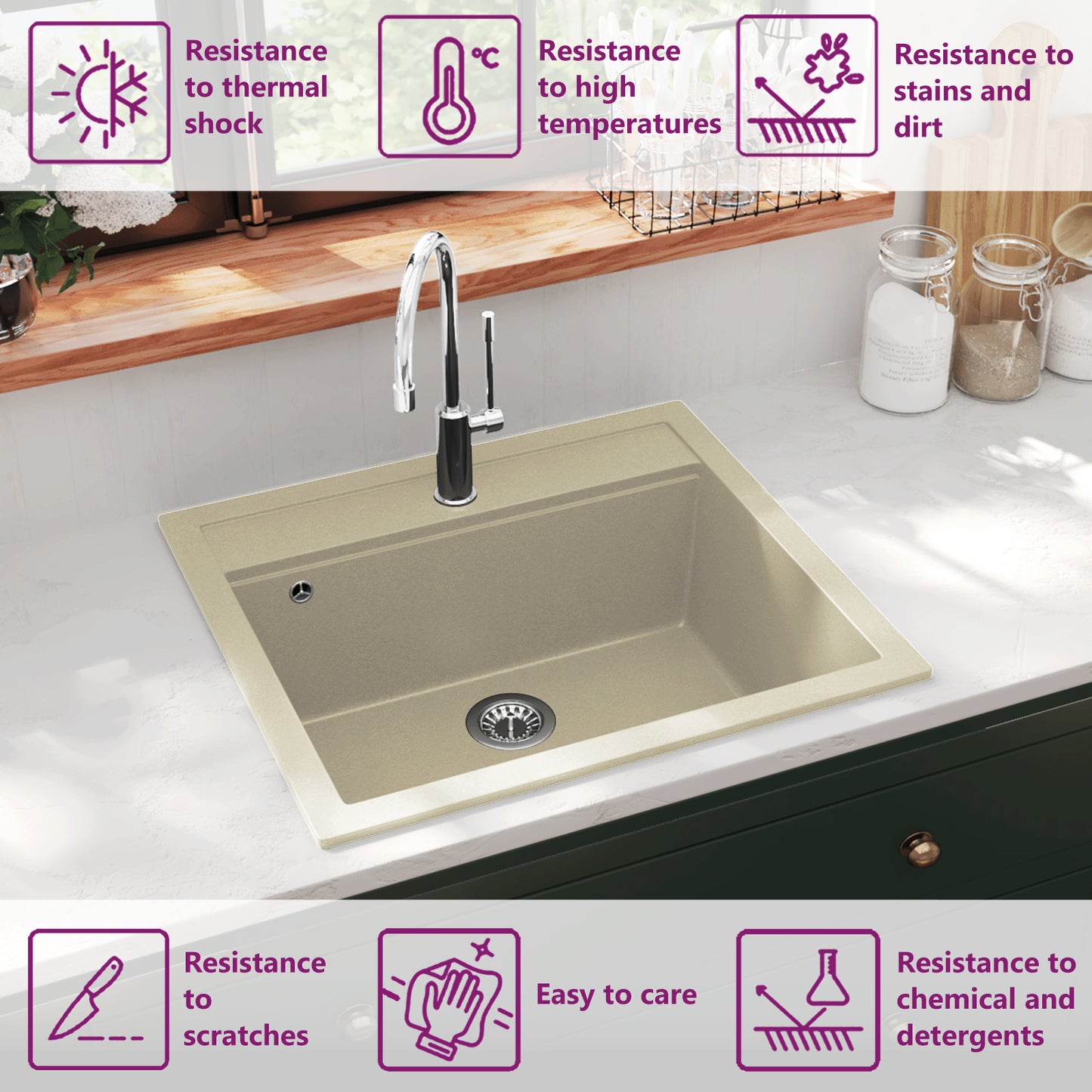 144862 vidaXL Granite Kitchen Sink Single Basin Beige