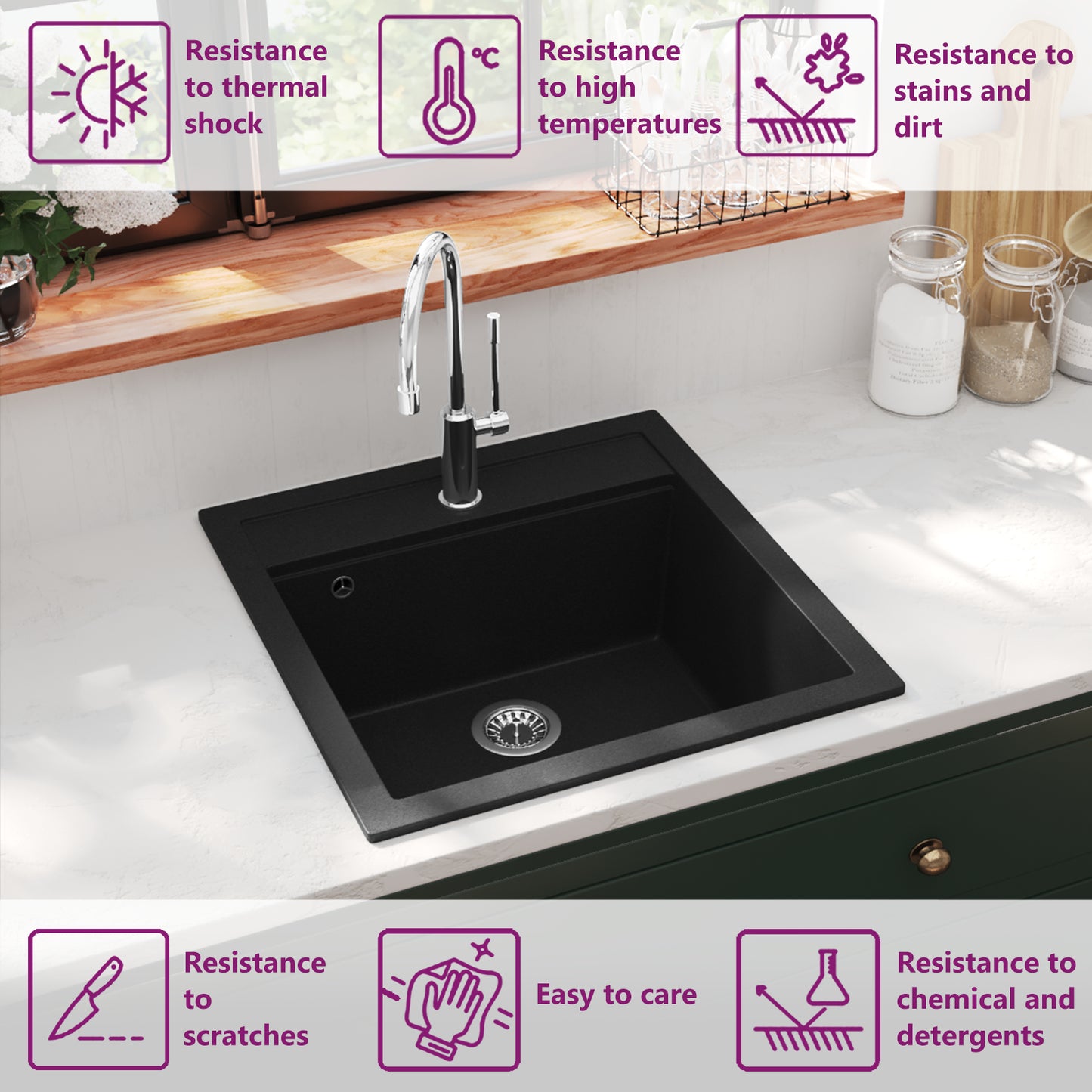 Granite Kitchen Sink Single Basin Black
