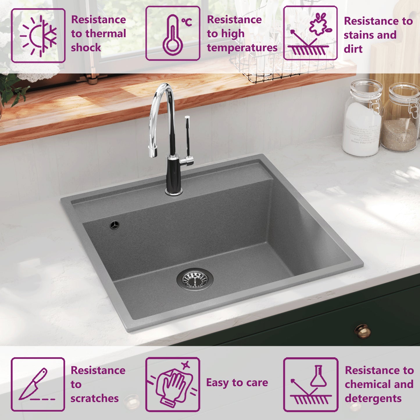 Kitchen Sink with Overflow Hole Grey Granite