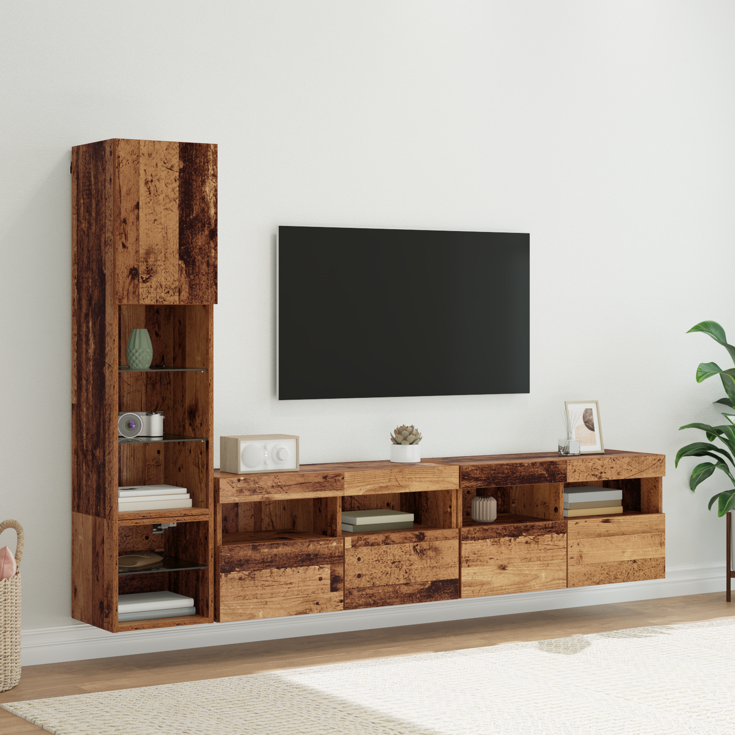 TV Wall Unit with LED 4 pcs Old Wood Engineered Wood