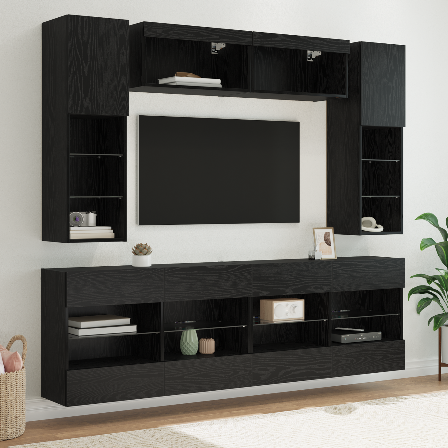TV Wall Cabinet Set with LED 6 pcs Black Oak Engineered Wood