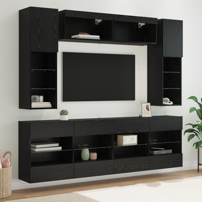 TV Wall Cabinet Set with LED 6 pcs Black Oak Engineered Wood