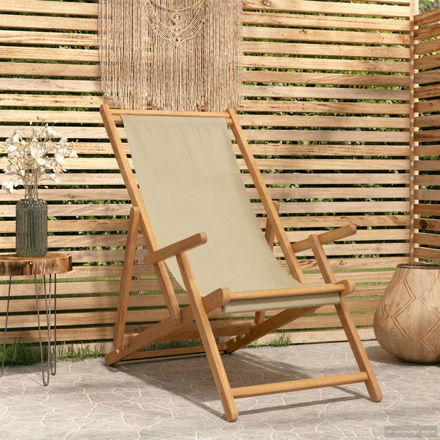 Beach Chair Beige Solid Teak Wood