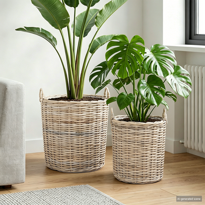 Planter Basket with Storage 2 pcs Natural Grey Kubu Rattan