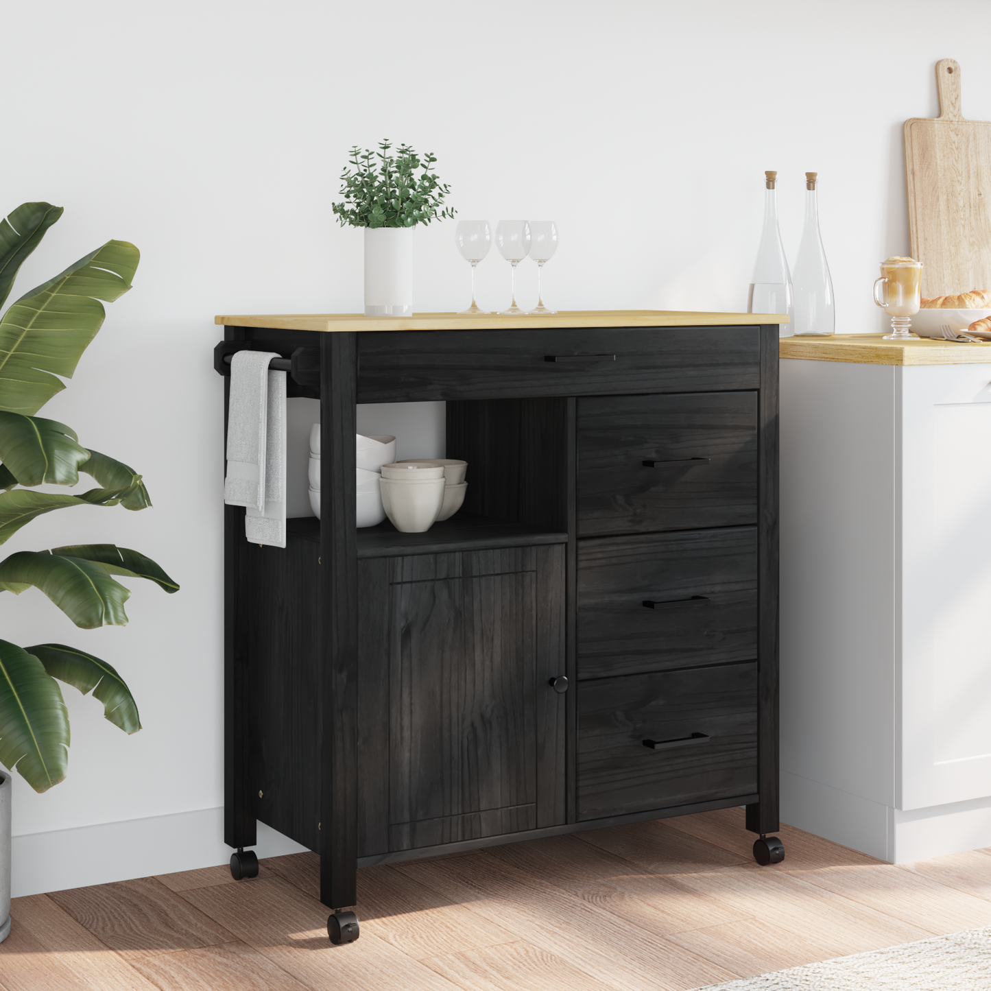 Kitchen Trolley MONZA Black 84 x 40 x 88.5 cm Solid Pine Wood