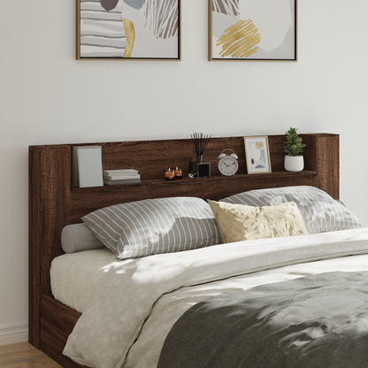 Storage Headboard with LED Brown Oak Engineered Wood