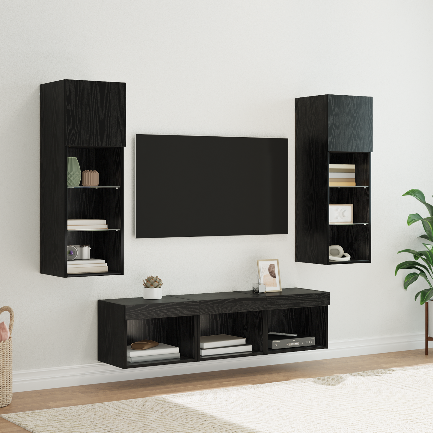 TV Wall Units Wall-mounted 5 pcs Black Oak Engineered Wood