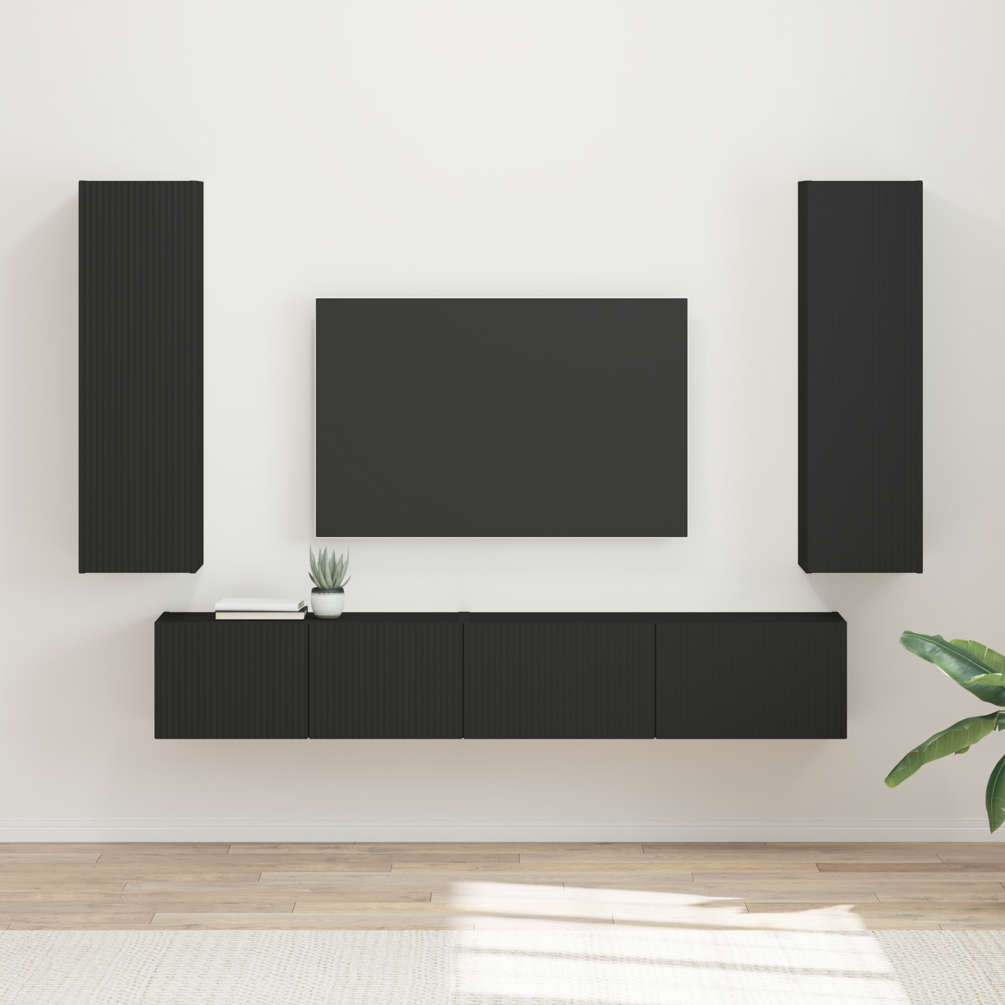 TV Cabinet Set Wall-mounted 3 pcs Black Engineered Wood