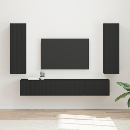 TV Cabinet Set Wall-mounted 3 pcs Black Engineered Wood