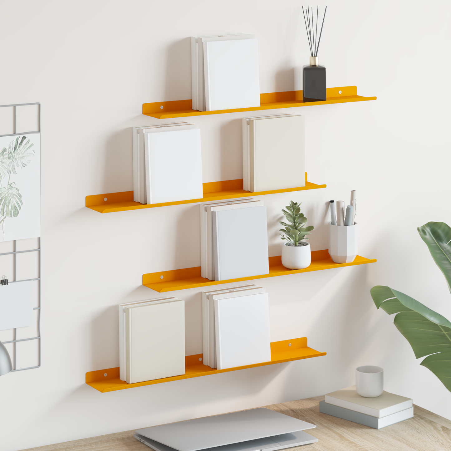 Floating Shelf 4 pcs Mustard Yellow 60 x 8.5 x 2.5 cm Steel