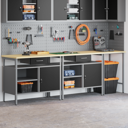 Work Bench Set with Lock 3 pcs Red and Grey Powder-Coated Steel