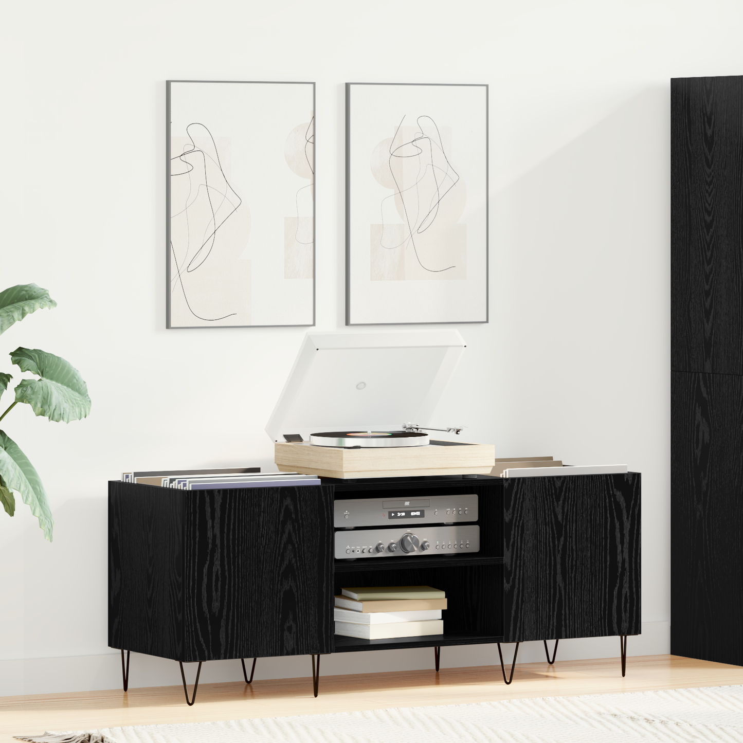 Record Cabinet with Shelf with Door Black Oak 121 x 38 x 48 cm