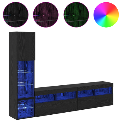TV Wall Unit with LED 4 pcs Black Oak Engineered Wood
