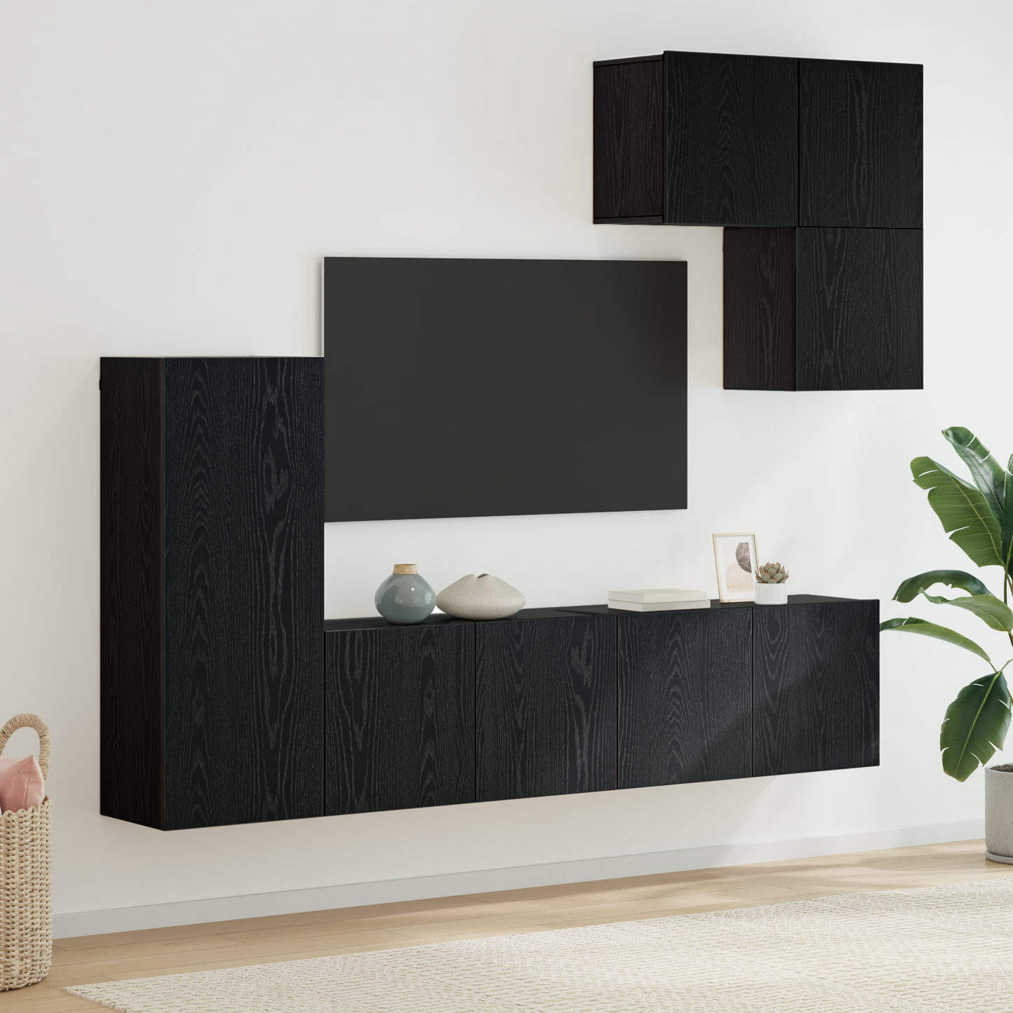 TV Wall Unit Wall-mounted 5 pcs Black Oak Engineered Wood