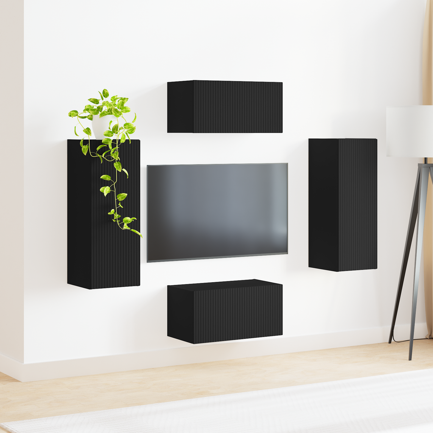 TV Cabinet Set Wall-mounted 2 pcs Black Engineered Wood
