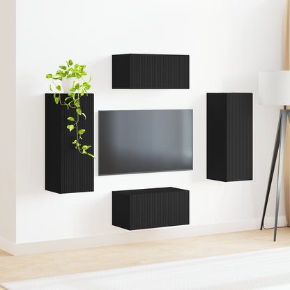 TV Cabinet Set Wall-mounted 2 pcs Black Engineered Wood