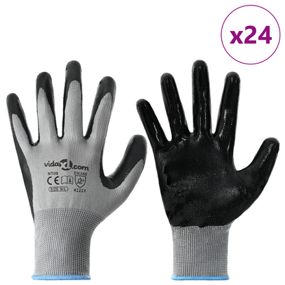 Work Gloves 24 pcs Grey and Black 9 / L Polyester