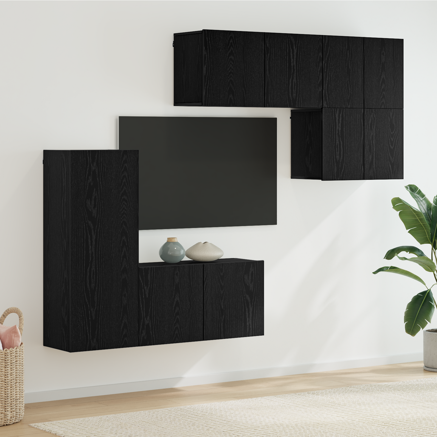 TV Wall Unit Wall-mounted 5 pcs Black Oak Engineered Wood