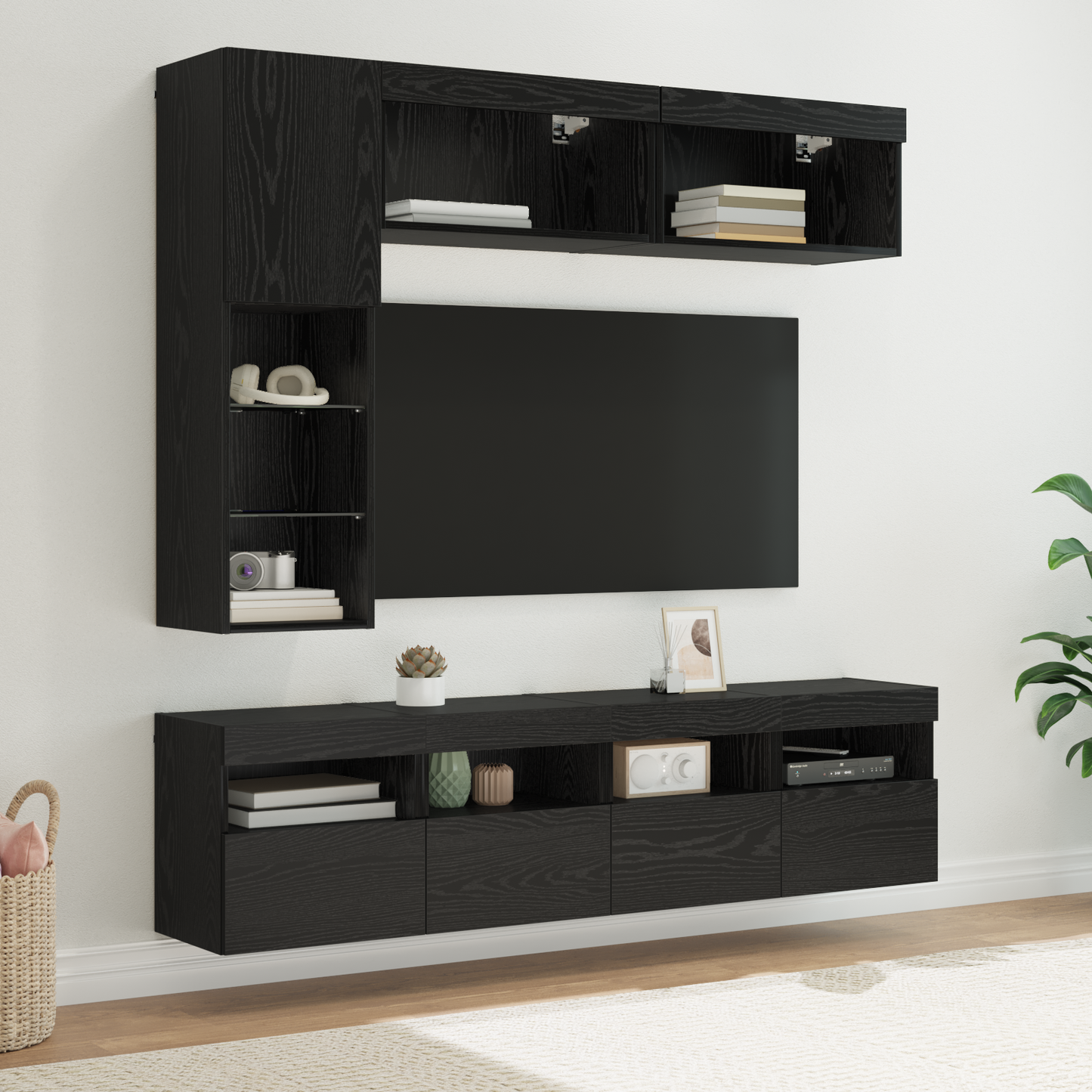 TV Cabinet with LED 7 pcs Black Oak Engineered Wood