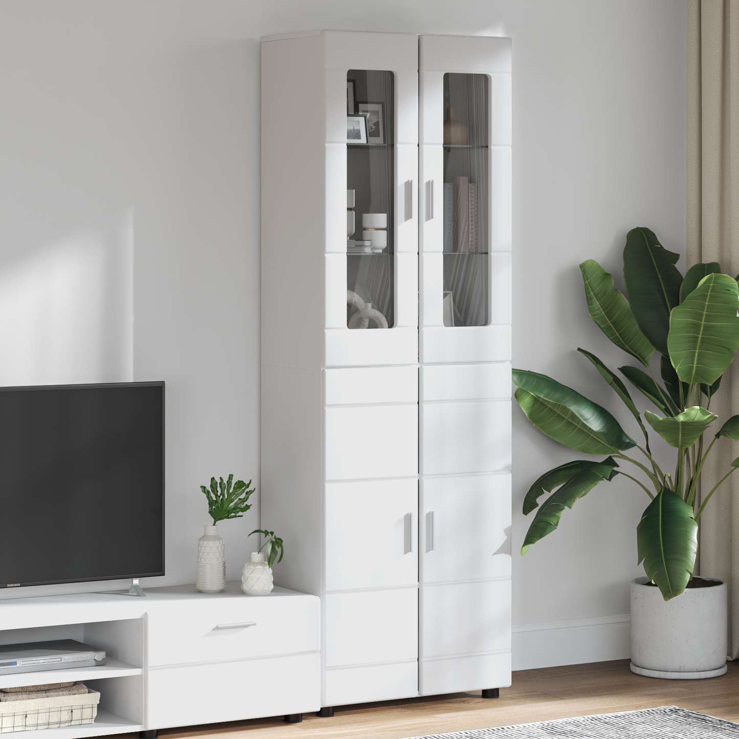 Highboard with Shelf FLORIN High Gloss White 60 x 35 x 182 cm