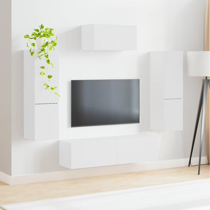 TV Cabinet Set Wall-mounted 4 pcs White Engineered Wood