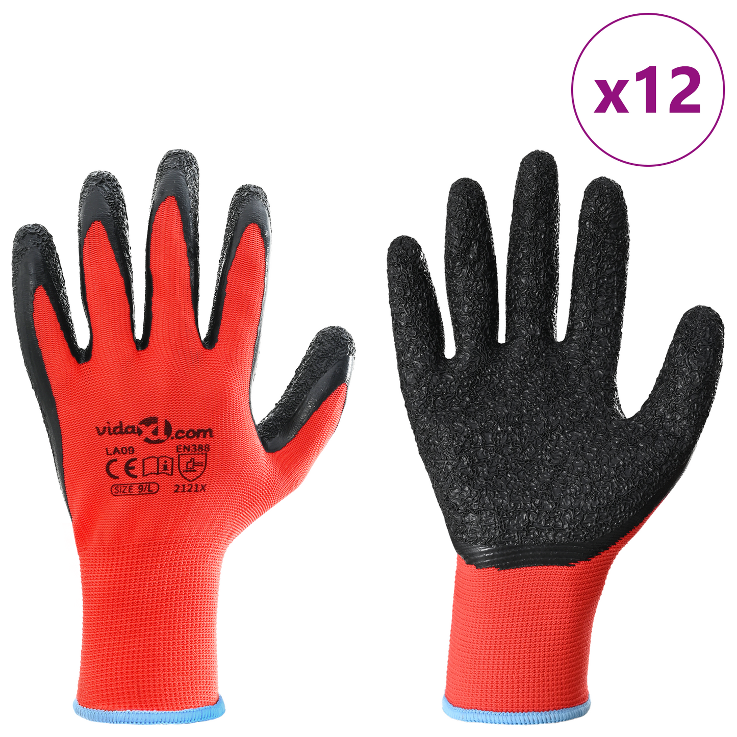 Work Gloves 12 pcs Red and Black 9 / L Latex Coating