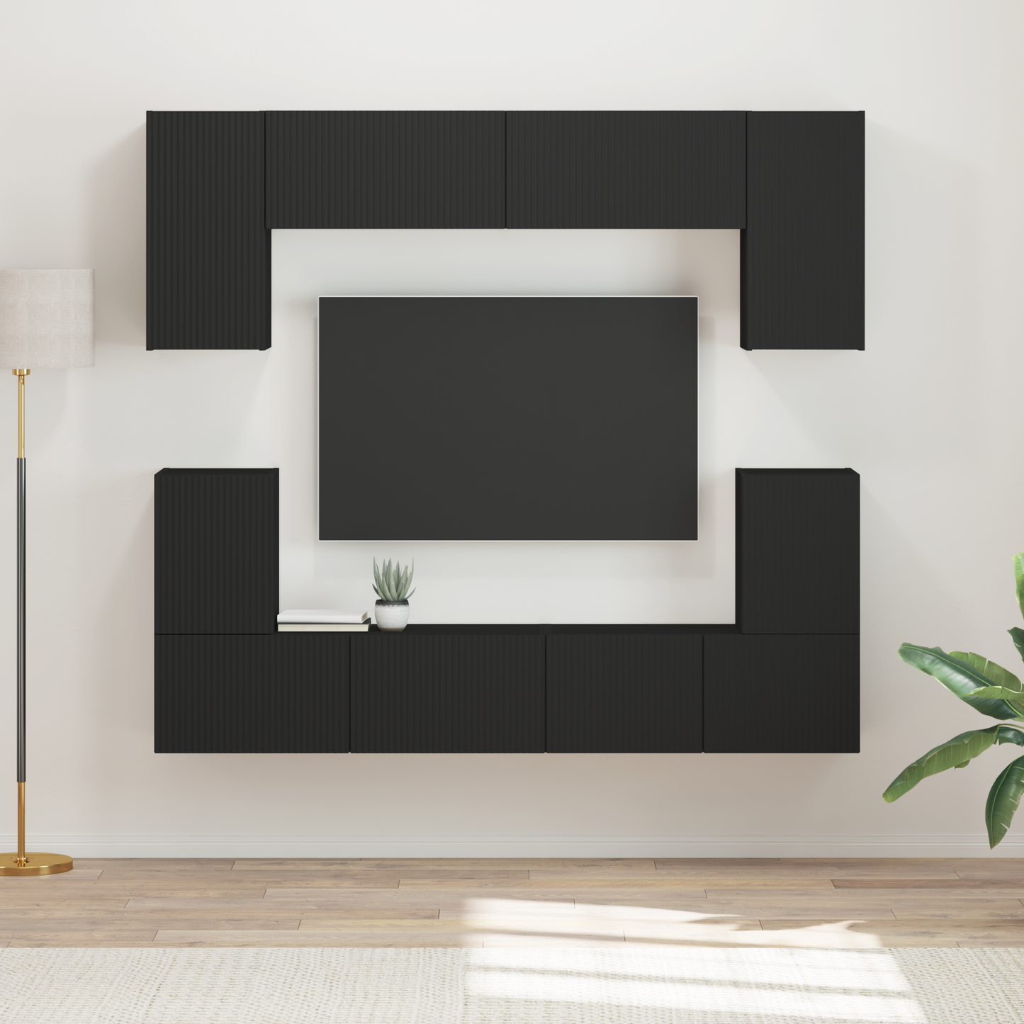 TV Cabinet Set Wall-mounted 5 pcs Black Engineered Wood