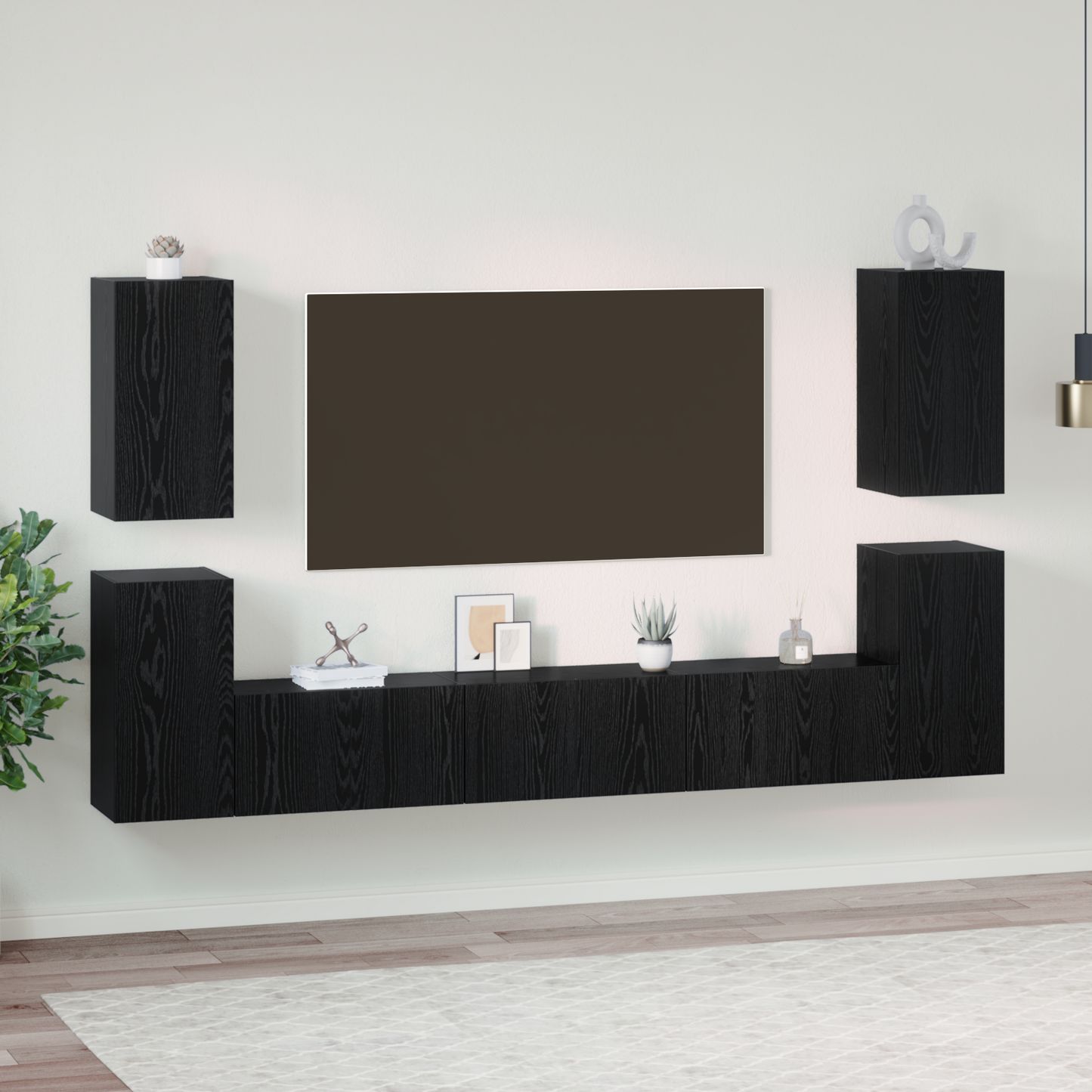 TV Cabinet Set Wall-mounted Black Oak Engineered Wood