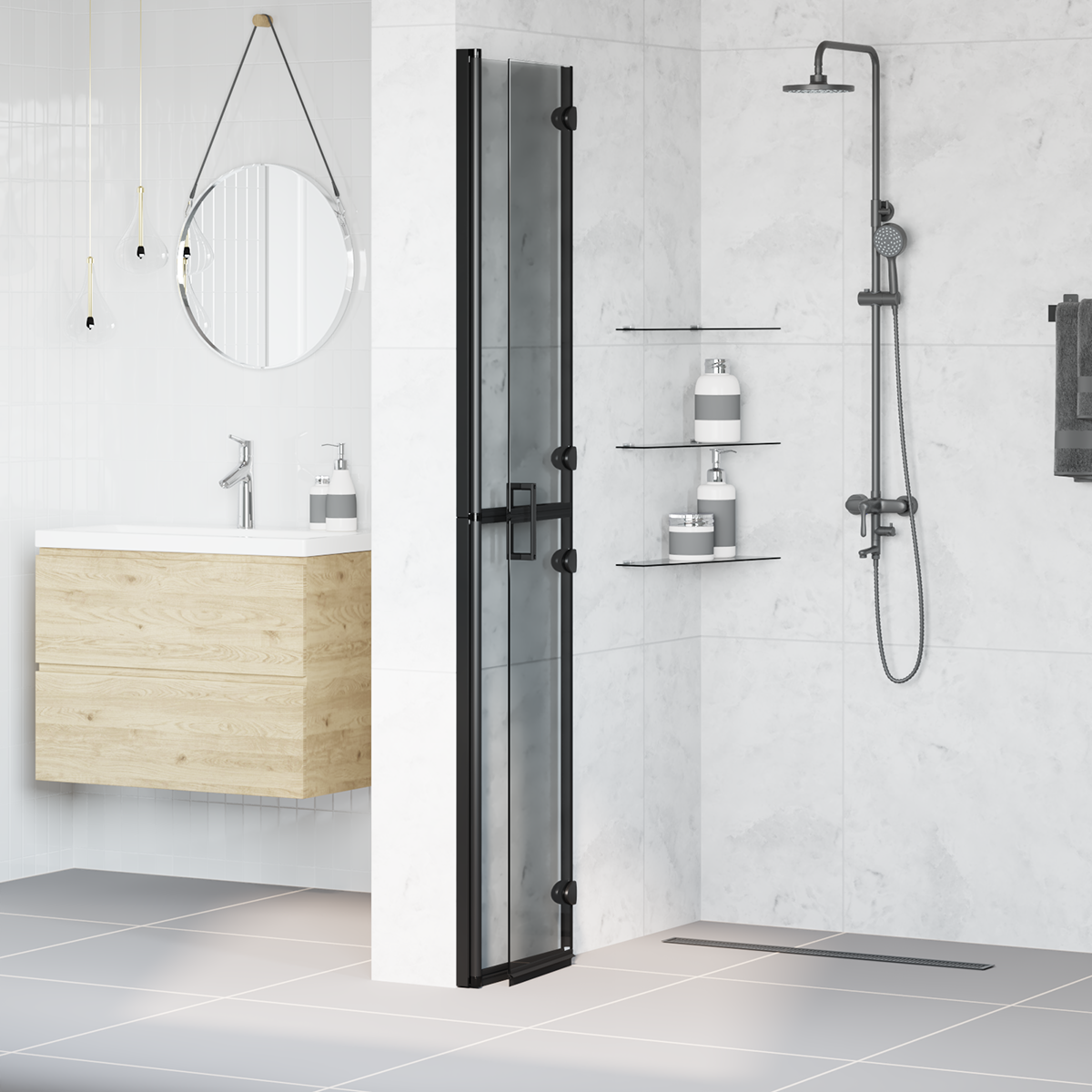 Walk-In Shower Wall Folding Black 70 x 6.5 x 190 cm