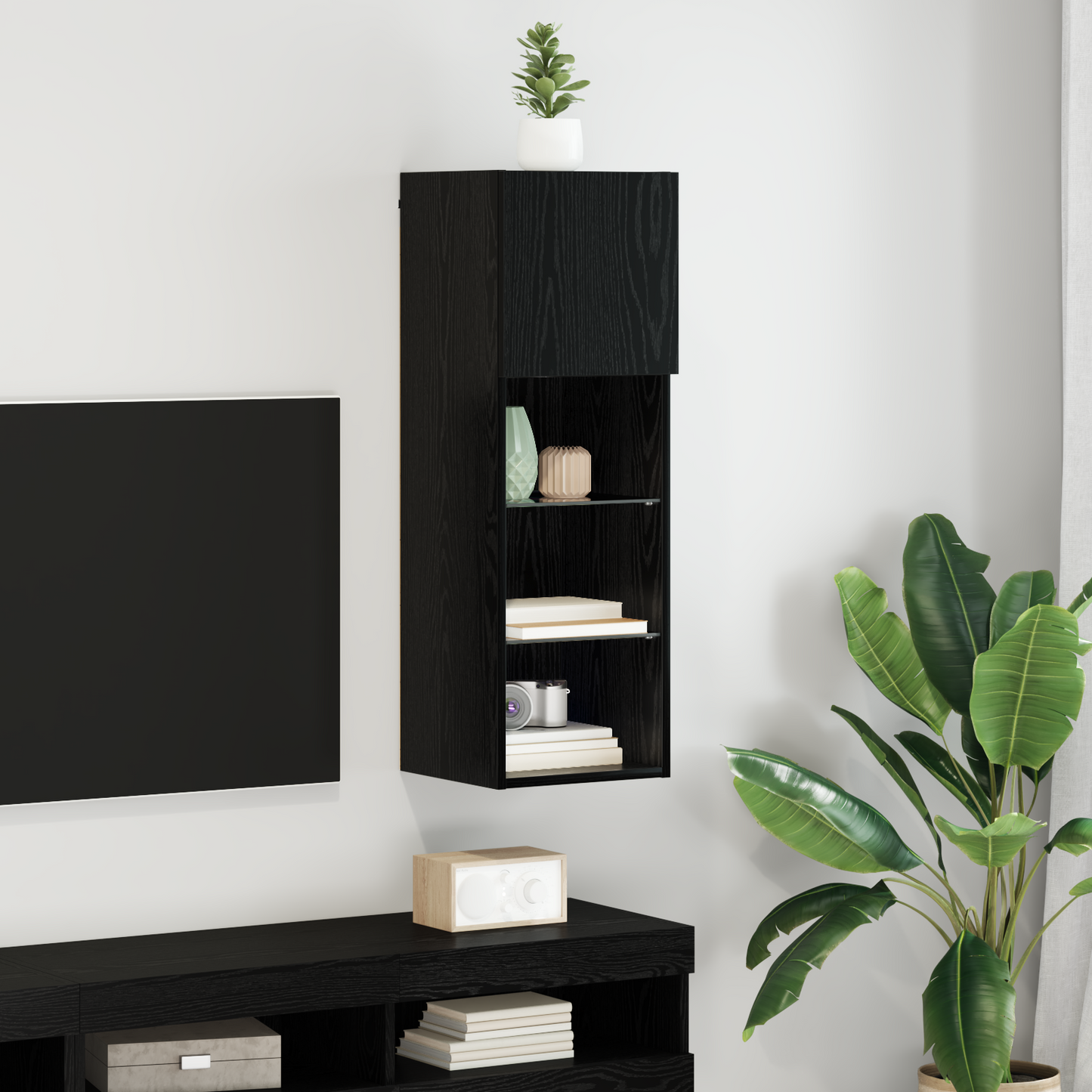 Wall-mounted TV Cabinet with LED Black Oak 30.5 x 30 x 90 cm