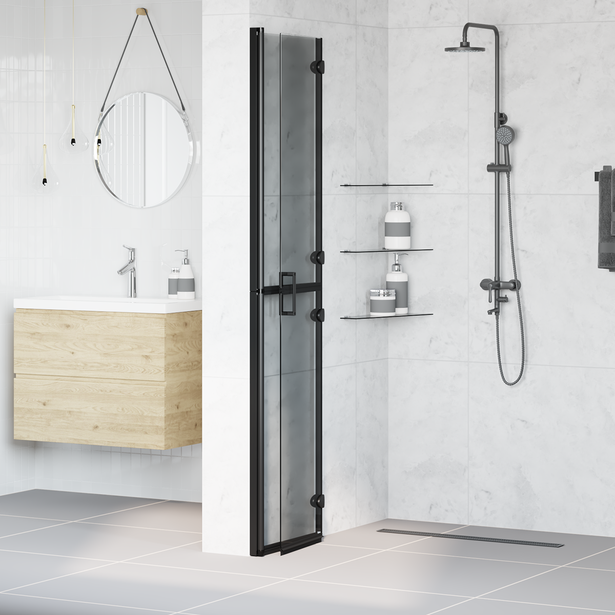 Walk-In Shower Wall Folding Black 80 x 6.5 x 190 cm