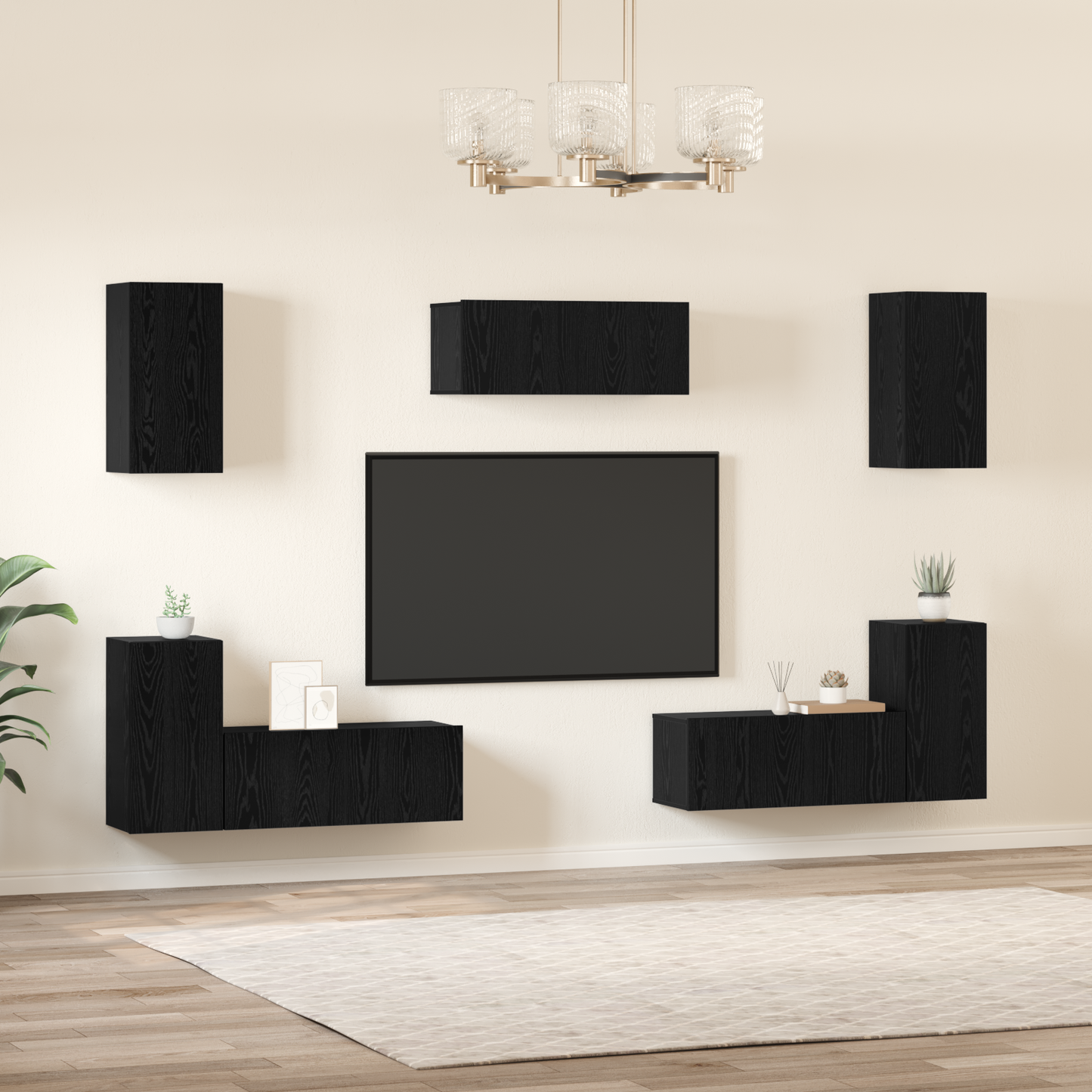 TV Cabinet Set Wall-mounted 7 pcs Black Oak Engineered Wood