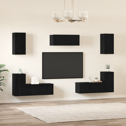 TV Cabinet Set Wall-mounted 7 pcs Black Oak Engineered Wood