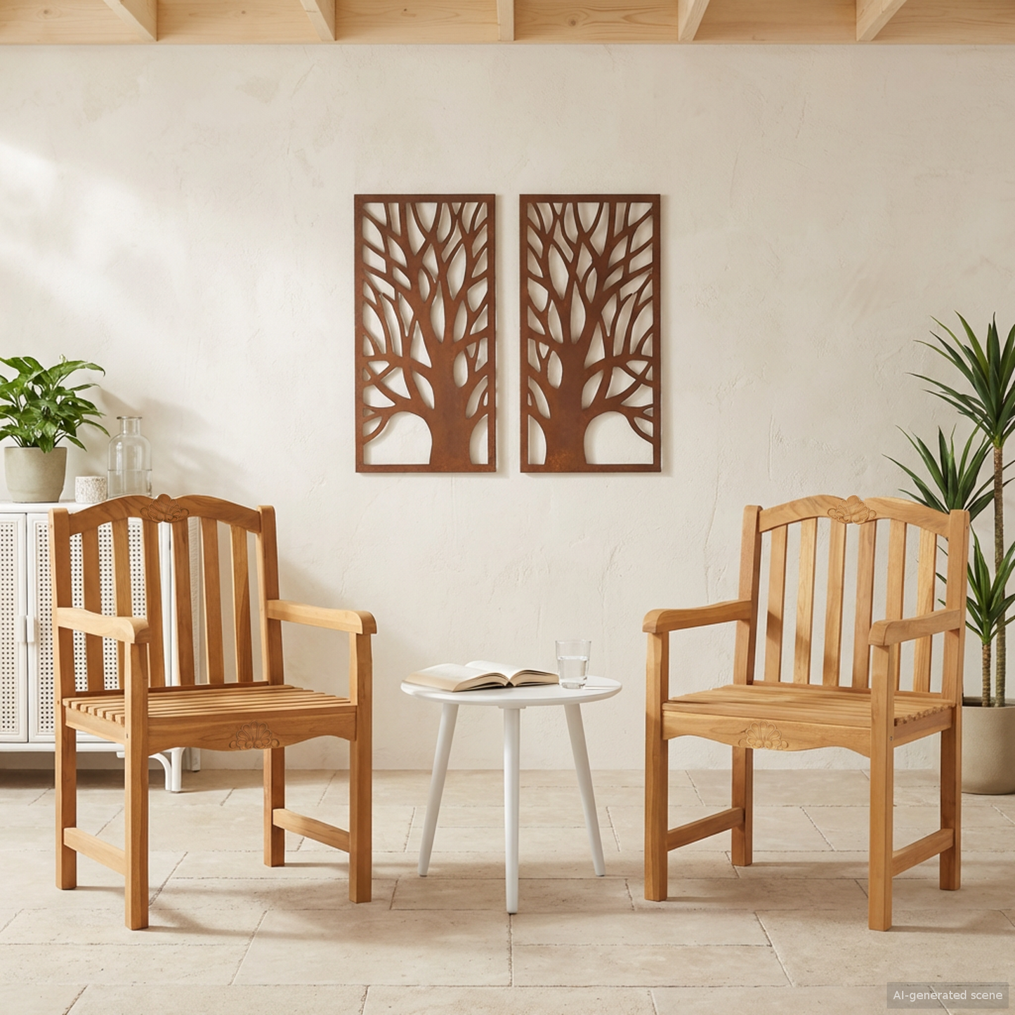 Handcarved Rose Chair 2 pcs Natural Solid Teak Wood