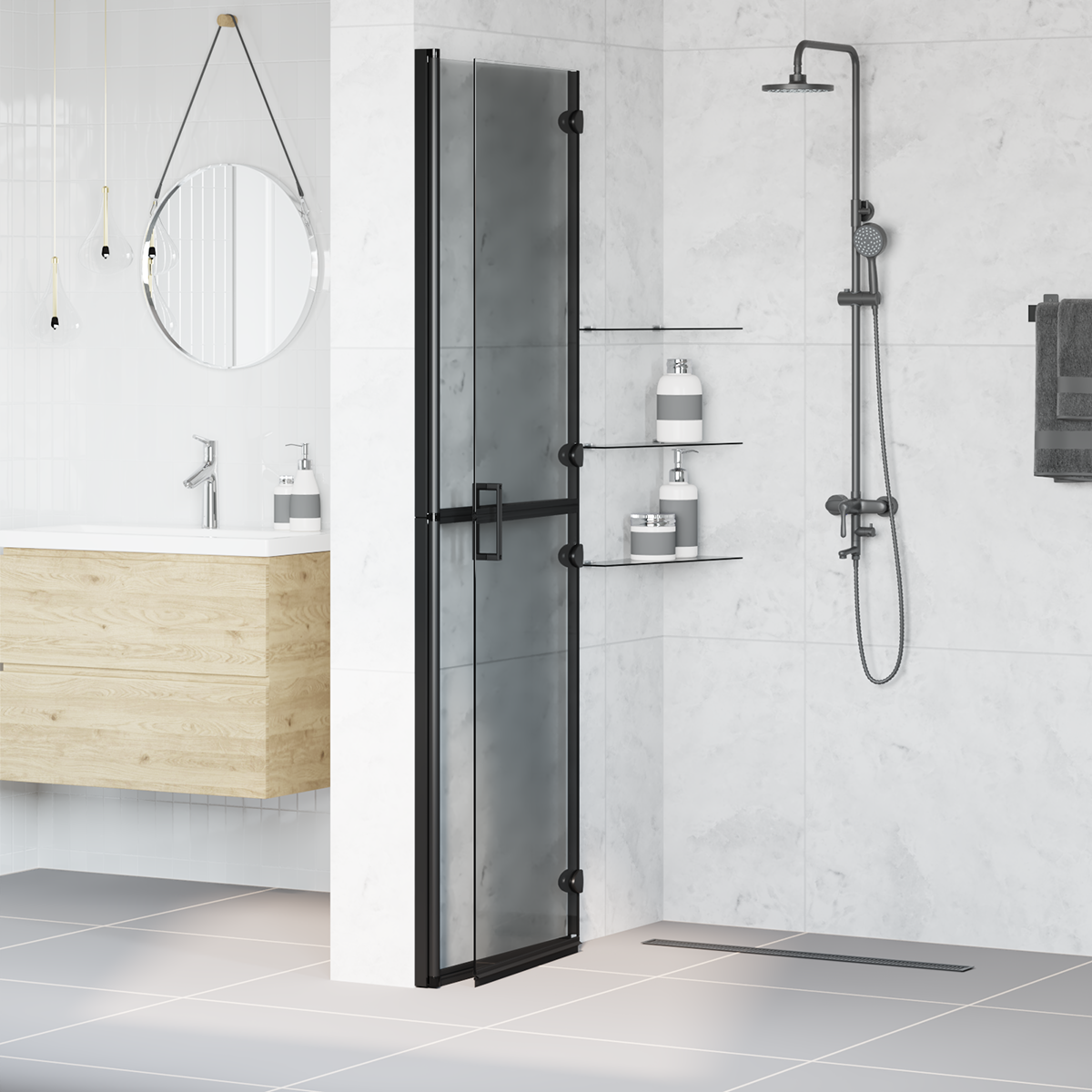 Walk-In Shower Wall Folding Black 110 x 6.5 x 190 cm