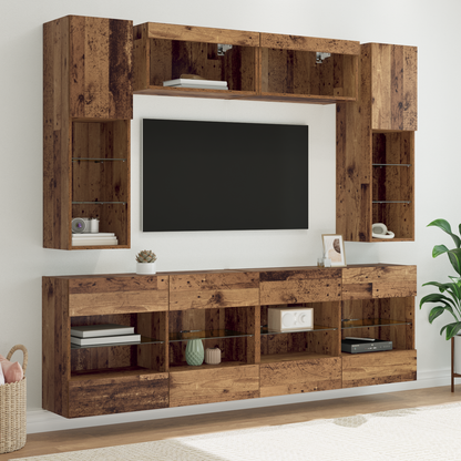 TV Wall Cabinet Set with LED 6 pcs Old Wood Engineered Wood