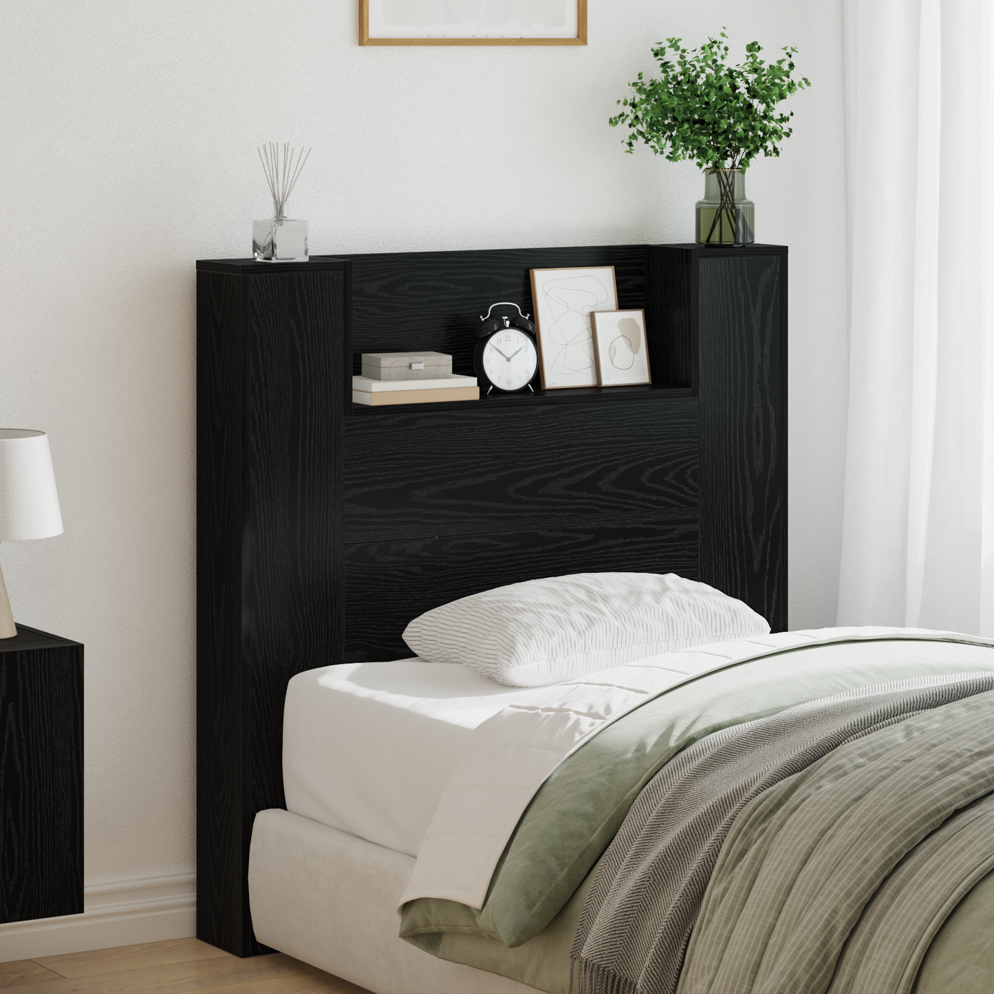 Storage Headboard with LED Black Oak Engineered Wood