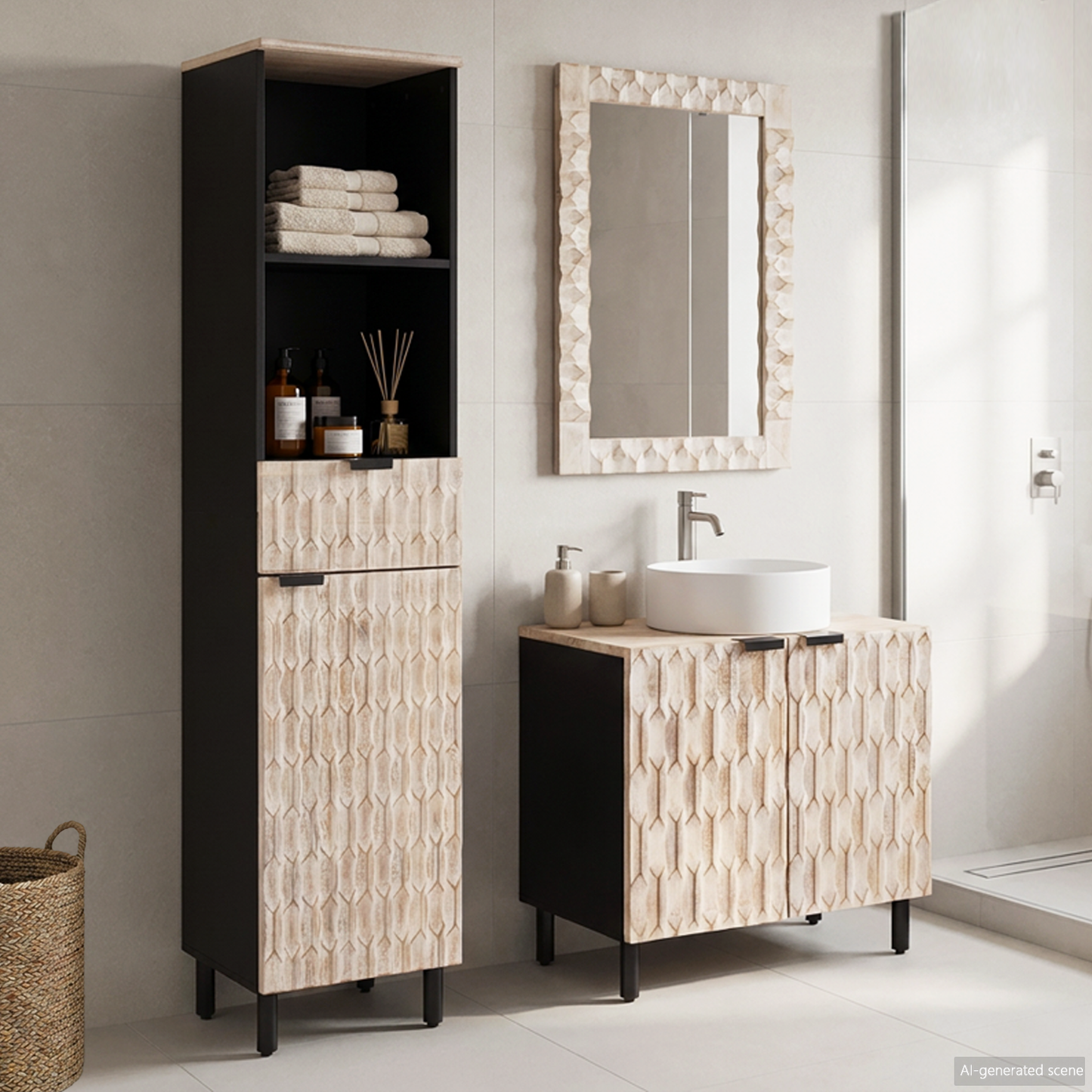 Bathroom Sets 3 pcs White Wash Finish Solid Mango Wood