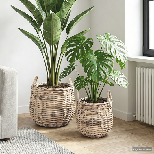 Planter Basket with Storage 2 pcs Natural Grey Kubu Rattan