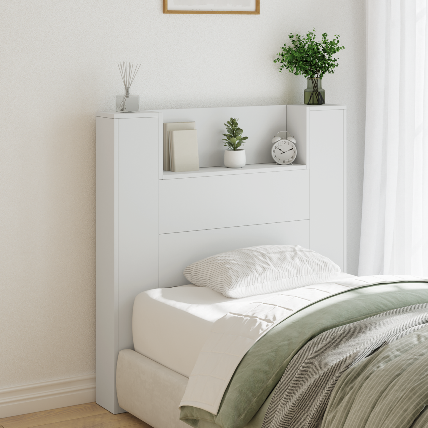 Storage Headboard with LED White Engineered Wood