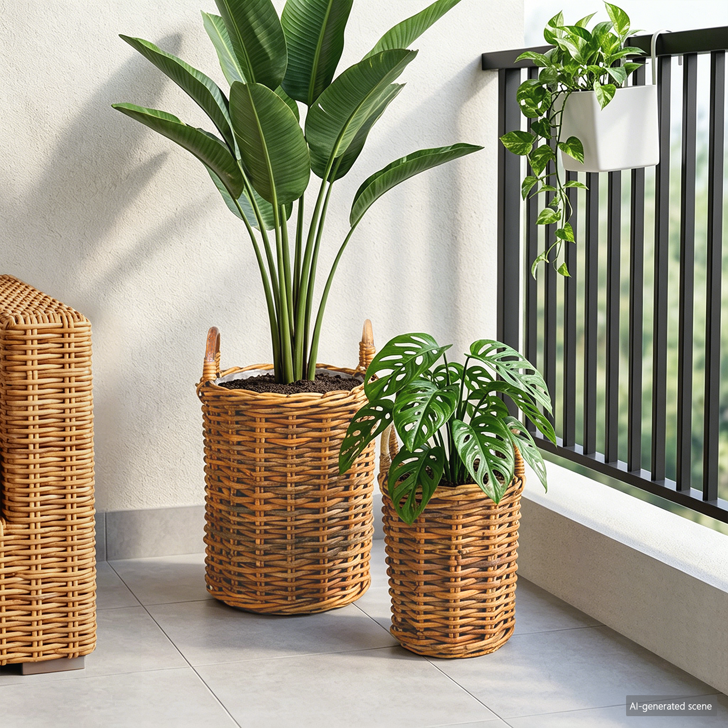 Planter Basket with Storage 2 pcs Natural Brown Kubu Rattan