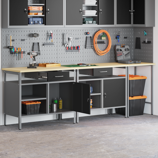 Work Bench Set with Lock 3 pcs Red and Grey Powder-Coated Steel