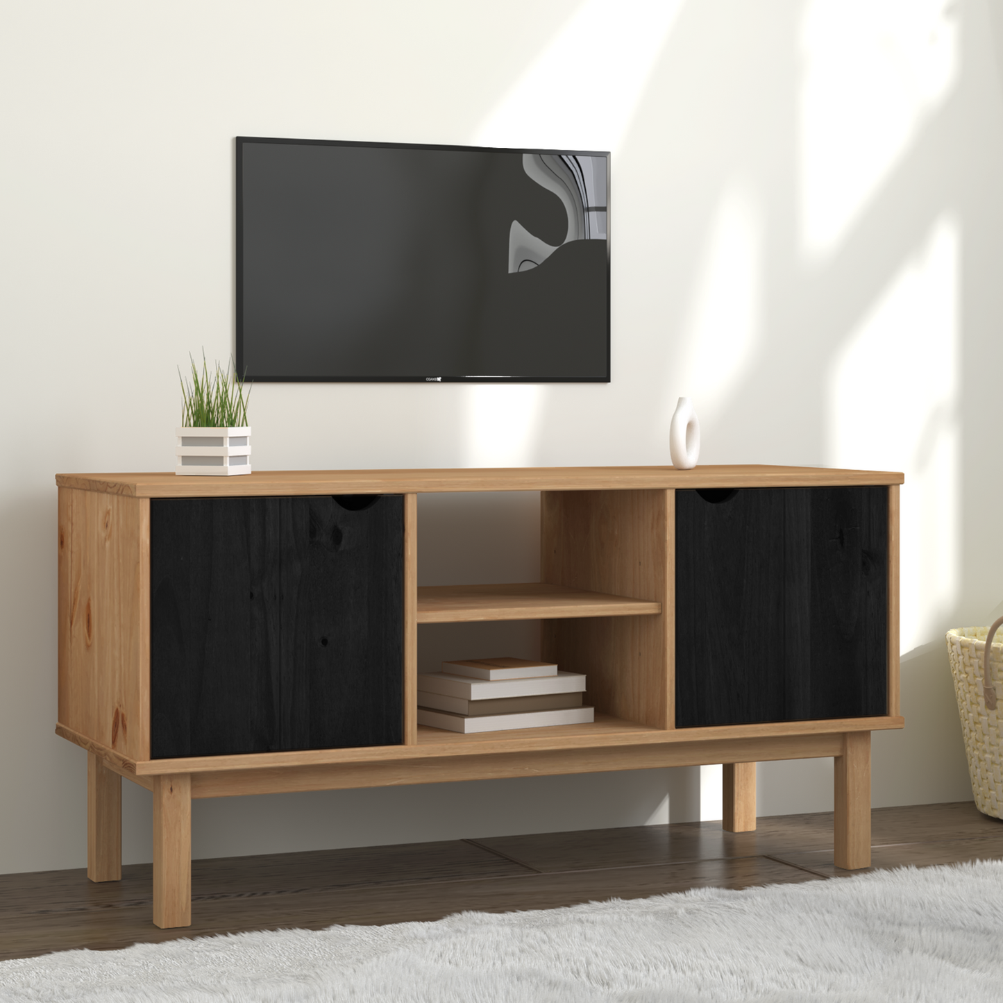TV Stand OTTA 113.5 x 43 x 57 cm Black Solid Pine Wood