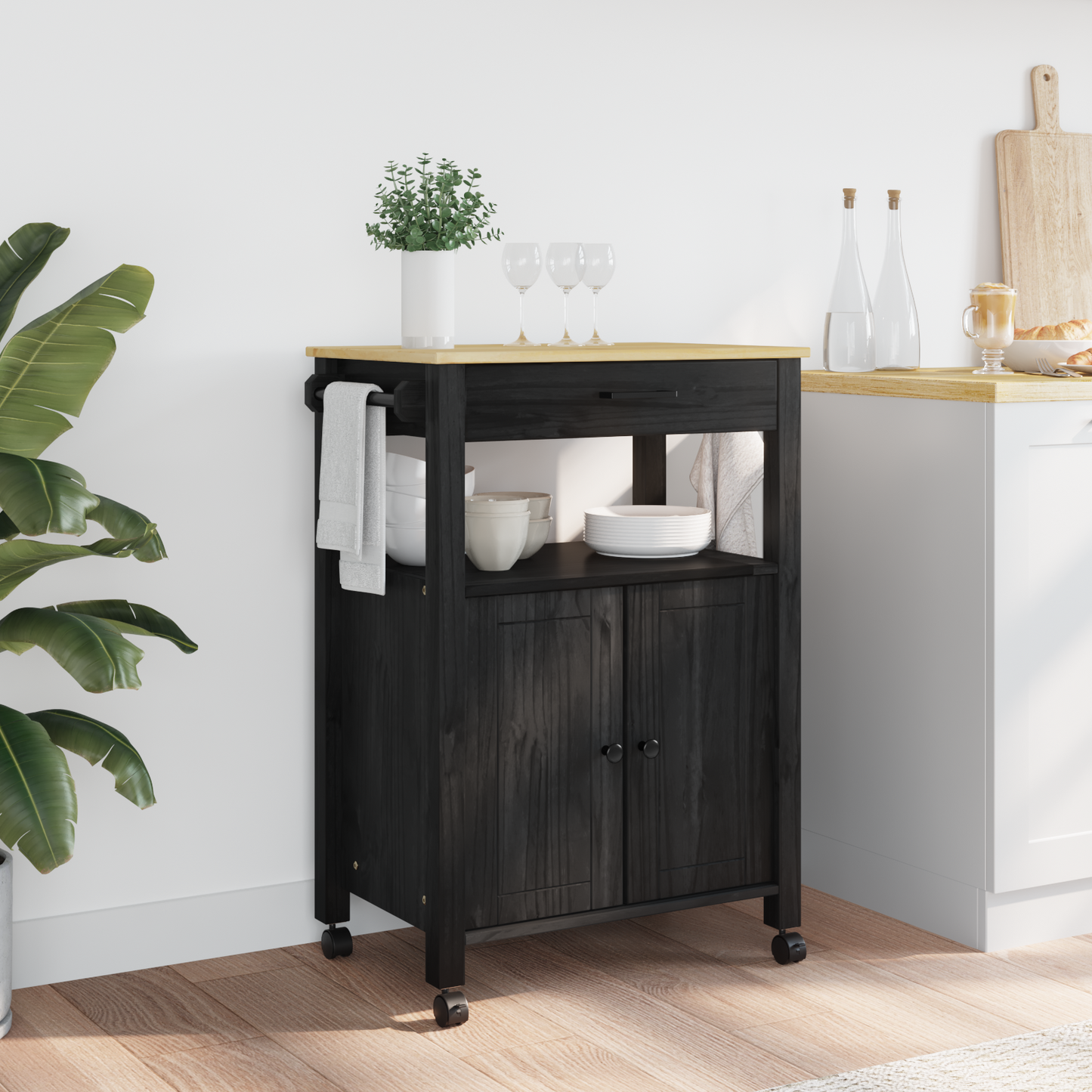 Kitchen Trolley MONZA Black 60 x 40 x 88.5 cm Solid Pine Wood