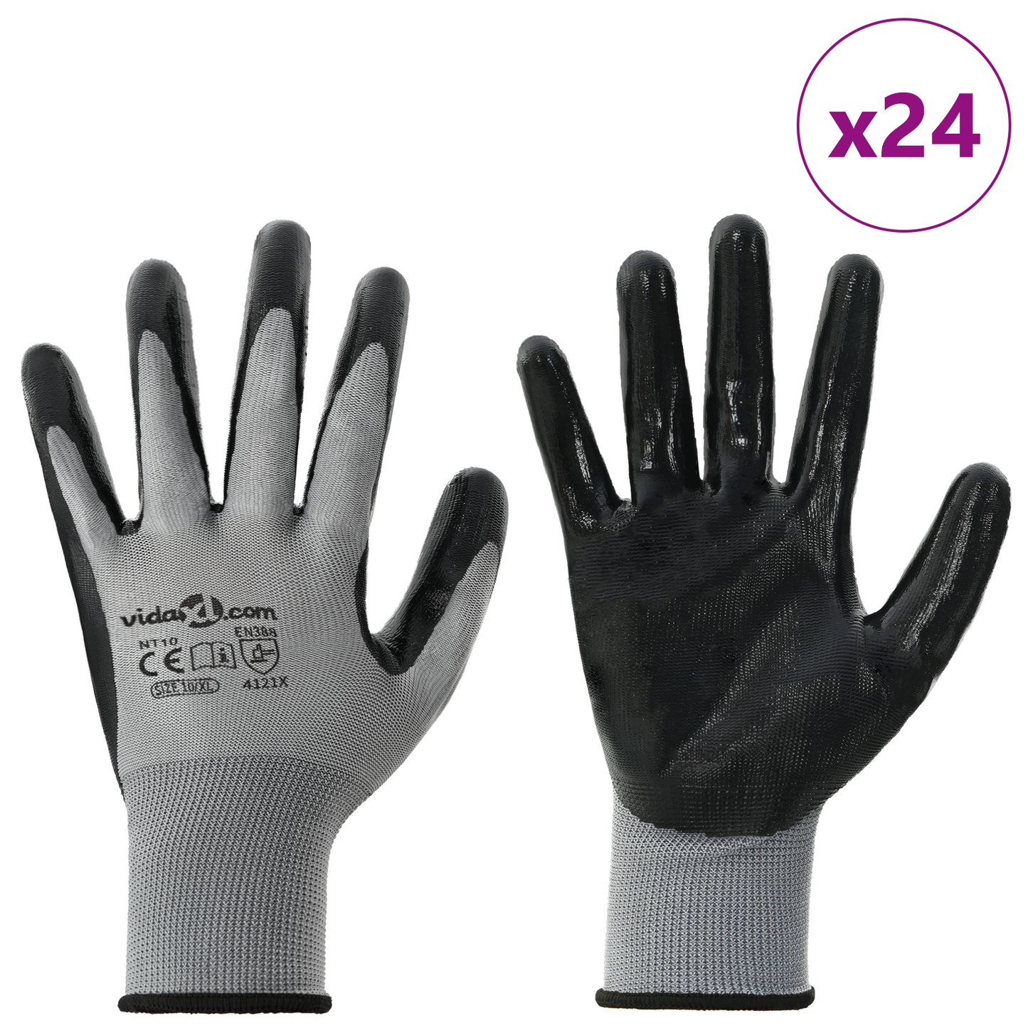 Work Gloves 24 pcs Grey and Black 10 / XL Polyester