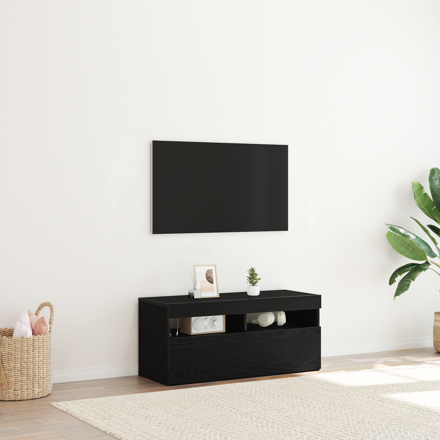 TV Cabinet with LED Black Oak 90 x 35 x 40 cm Engineered Wood