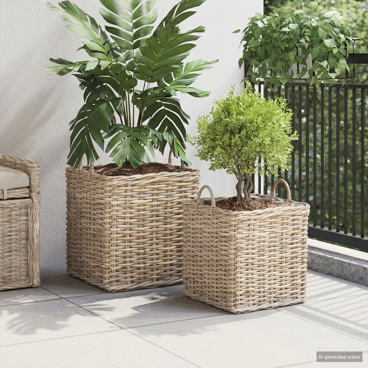 Planter Basket with Storage 2 pcs Natural Grey Kubu Rattan