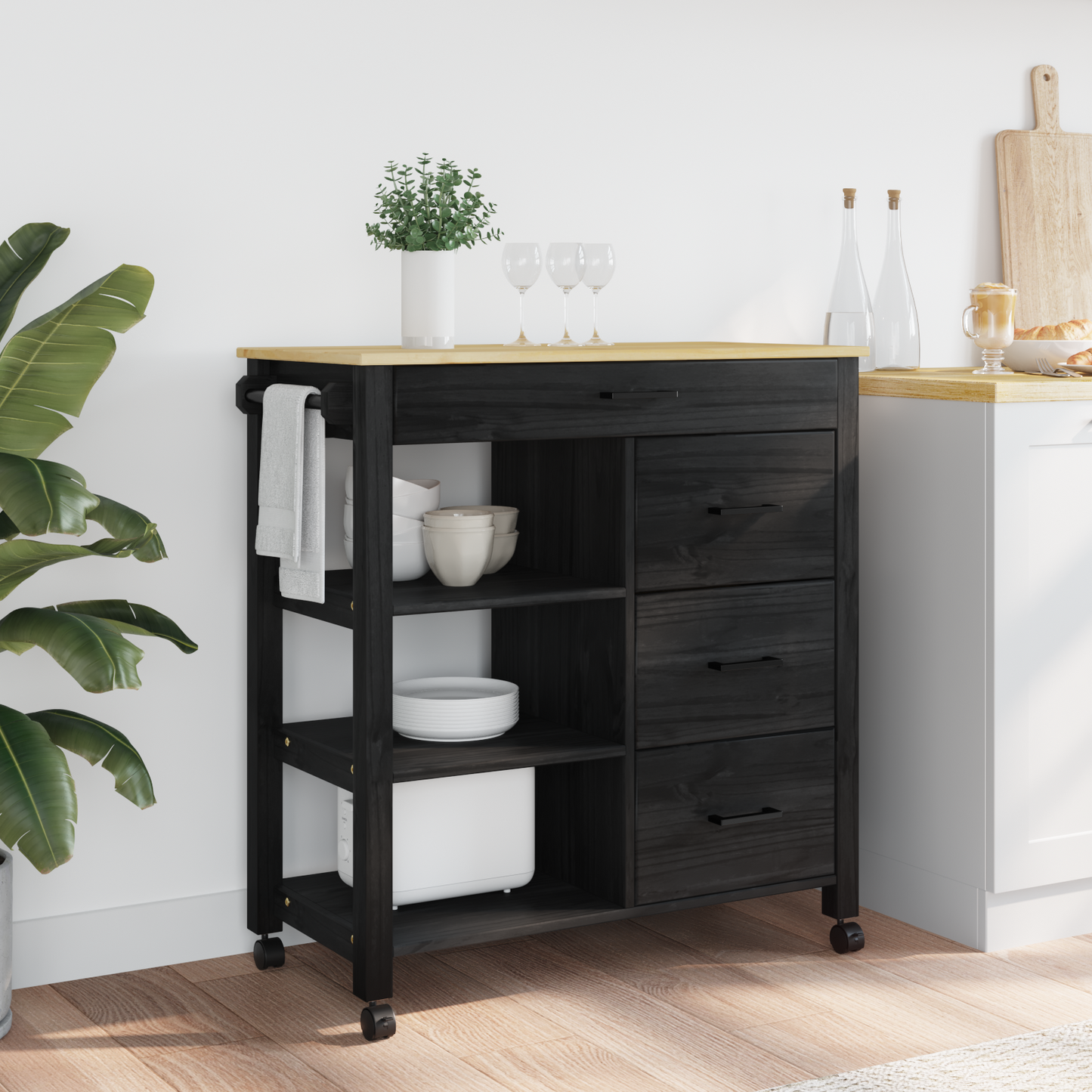 Kitchen Trolley MONZA Black 84 x 40 x 88.5 cm Solid Pine Wood