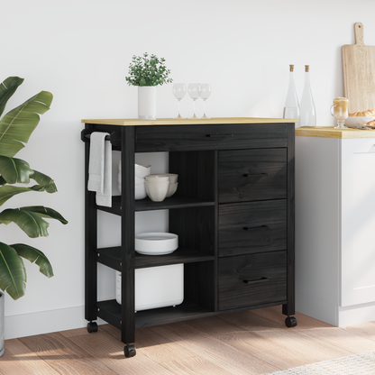 Kitchen Trolley MONZA Black 84 x 40 x 88.5 cm Solid Pine Wood