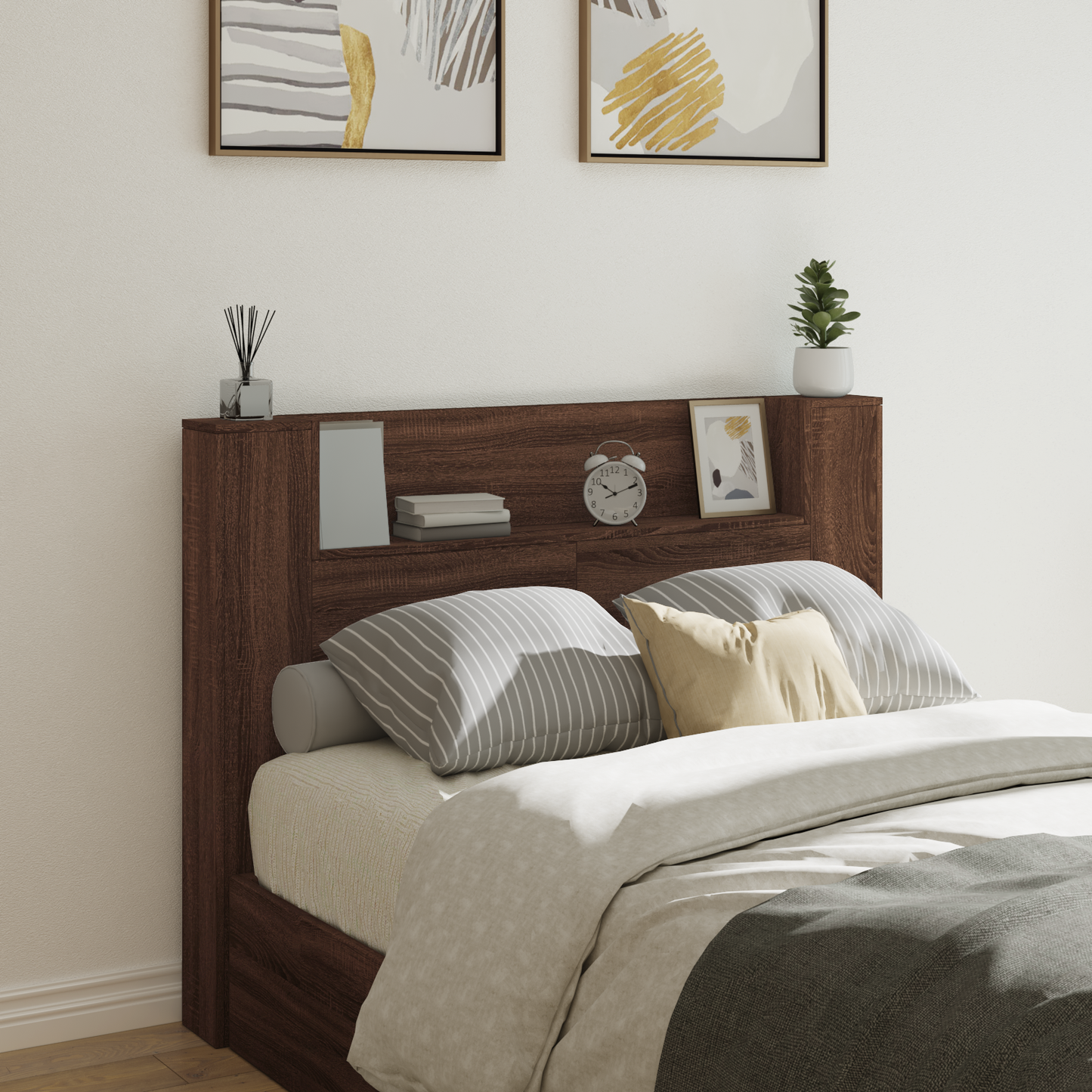 Storage Headboard with LED Brown Oak Engineered Wood